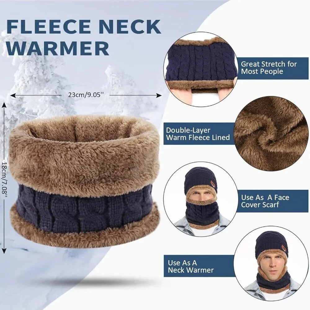 Men's Navy Blue Winter Warm Knit Thick Fleece Lined Skull Beanie Hat Scarf Set